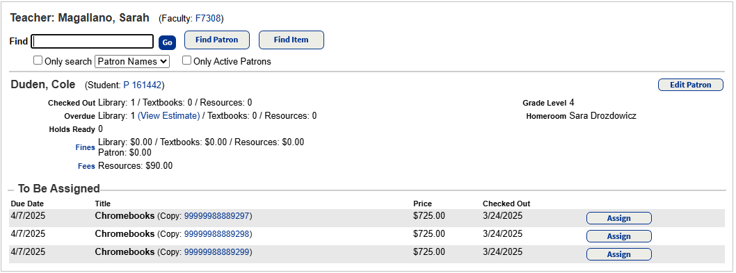 Student selected with available resources to reassign.